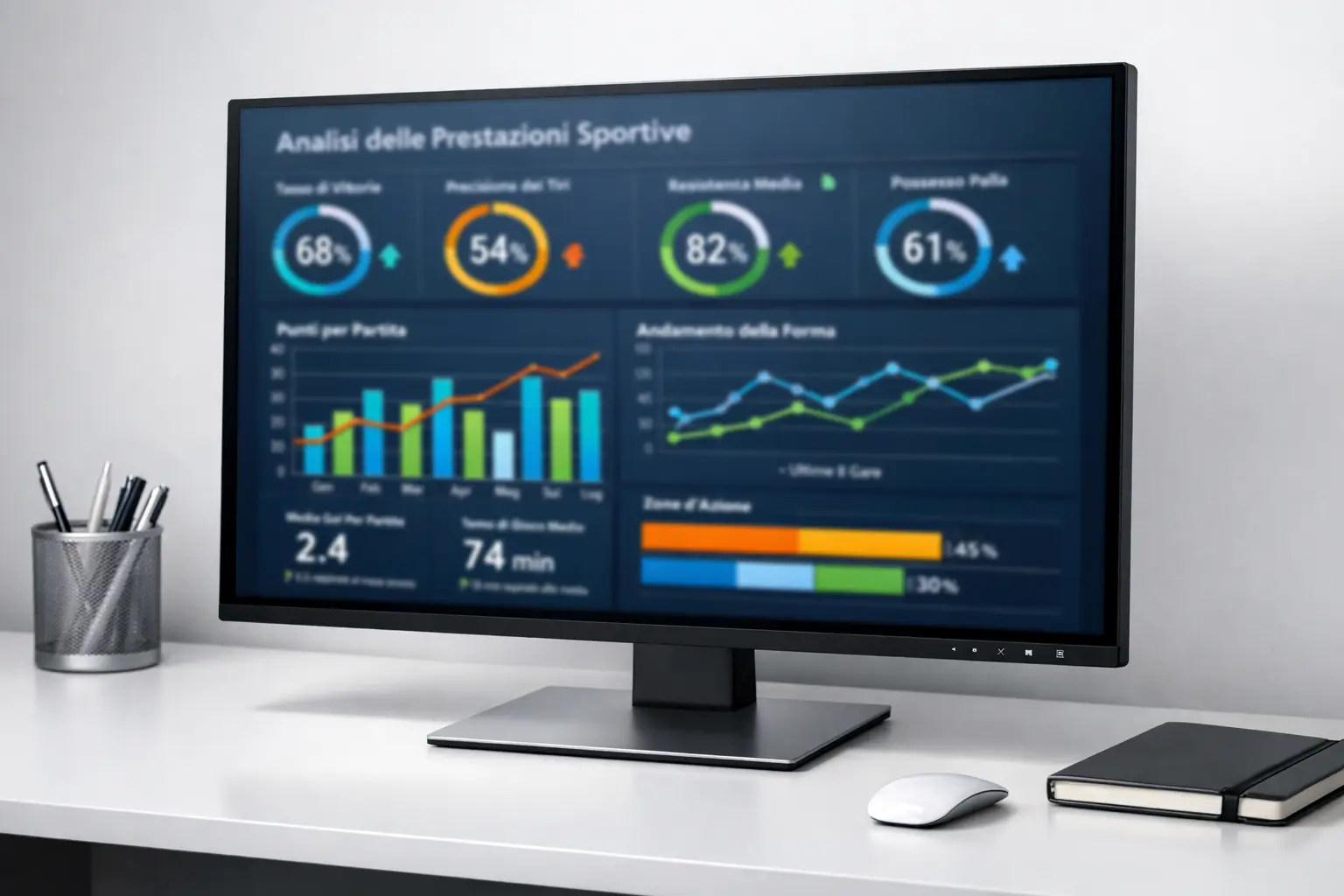 Schermo computer con grafici statistici sportivi