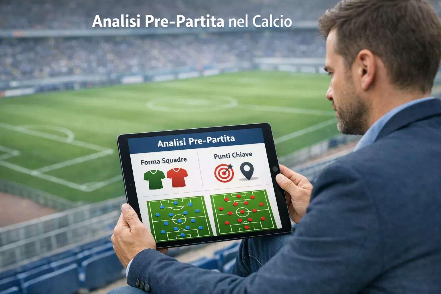 Analista sportivo studia statistiche calcio su tablet allo stadio