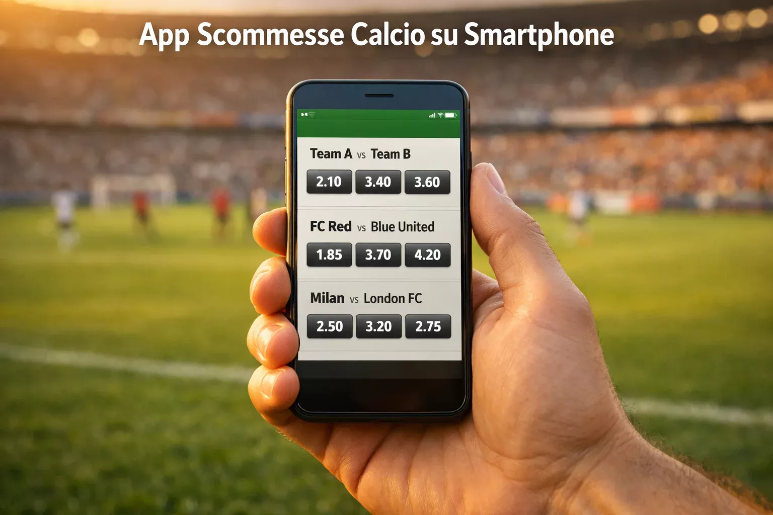 Mano tiene smartphone con app scommesse calcio allo stadio