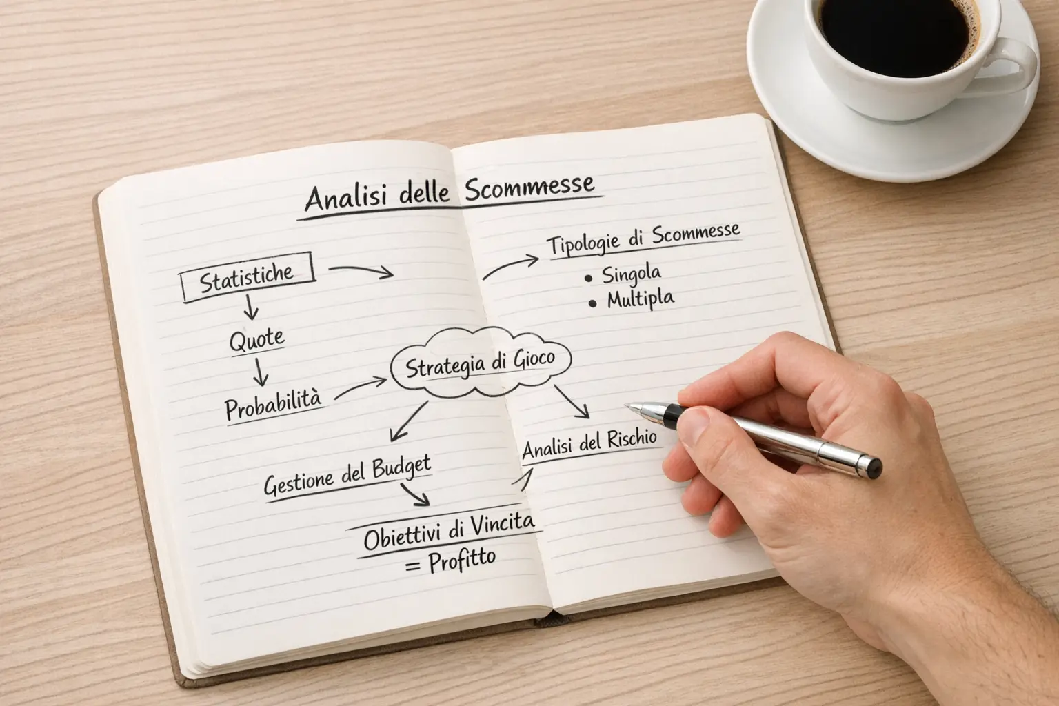 Mano che scrive appunti su un blocco notes con penna