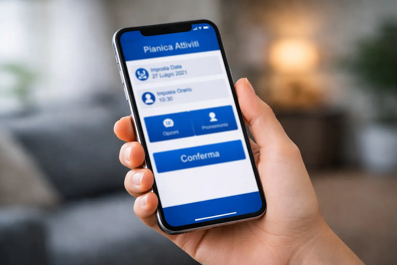 Mano che tocca schermo smartphone con interfaccia app
