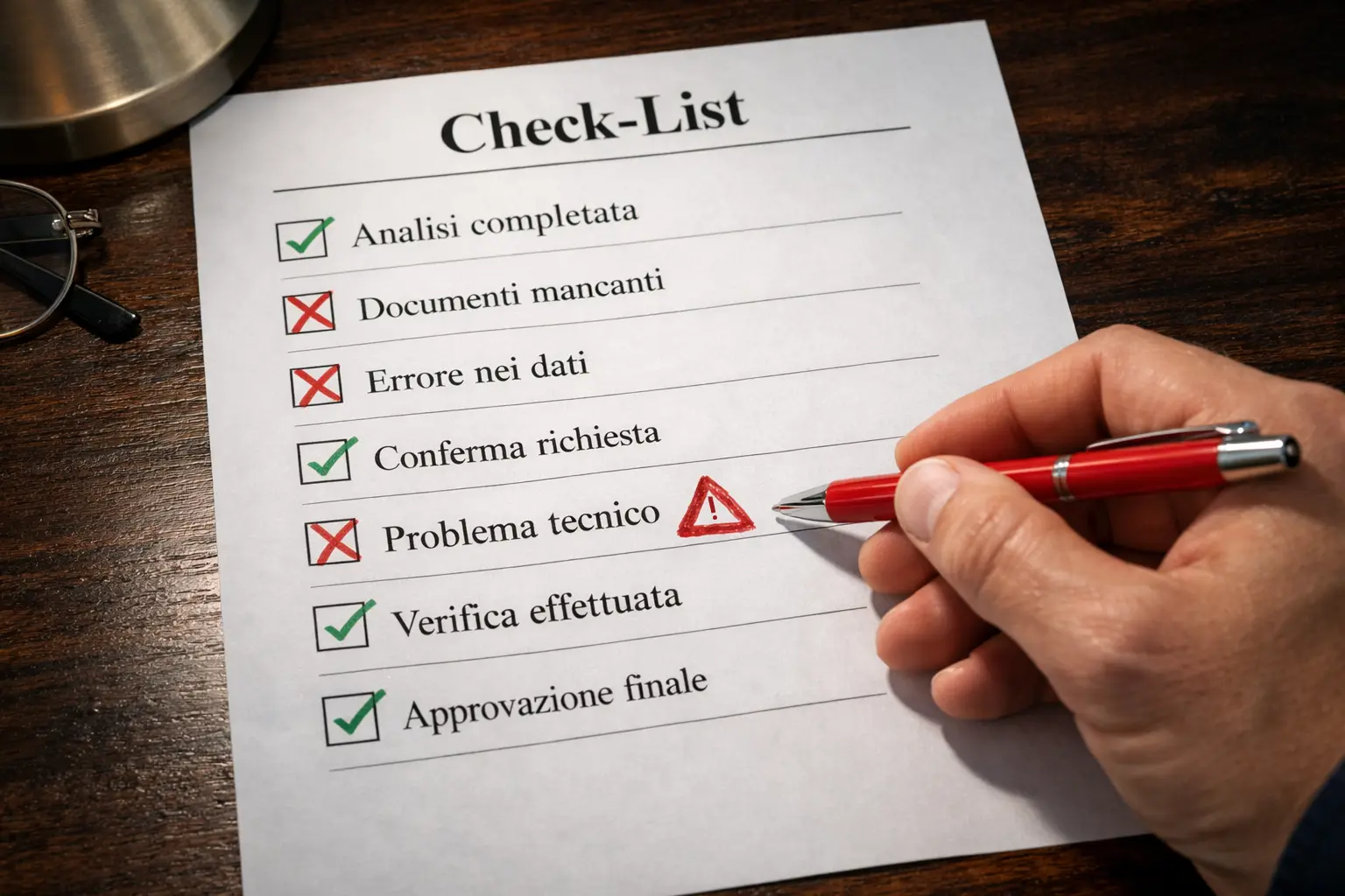 Segnale di attenzione su documento con checklist