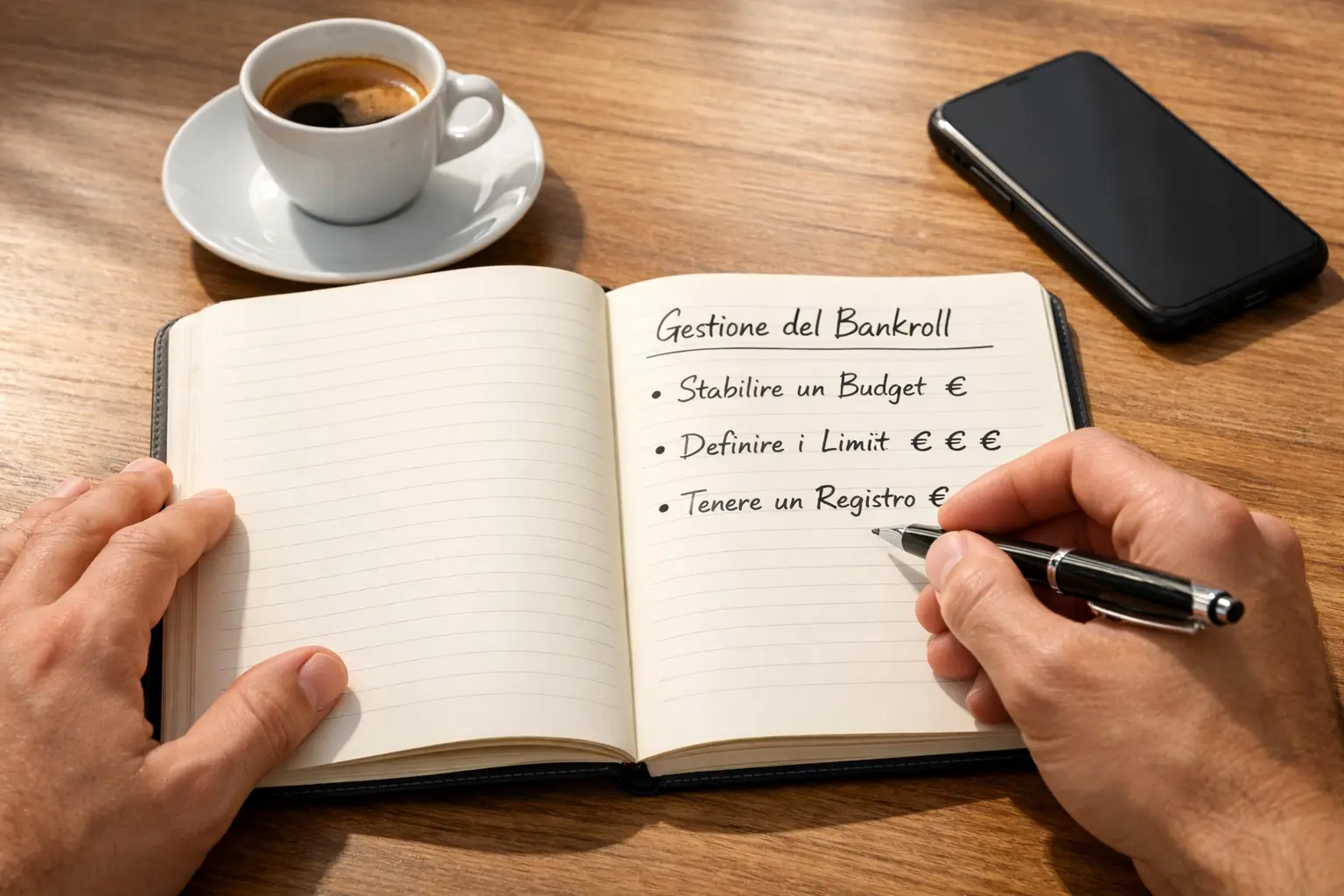 Persona che prende appunti su un blocco note con simboli € accanto a una tazza di caffè