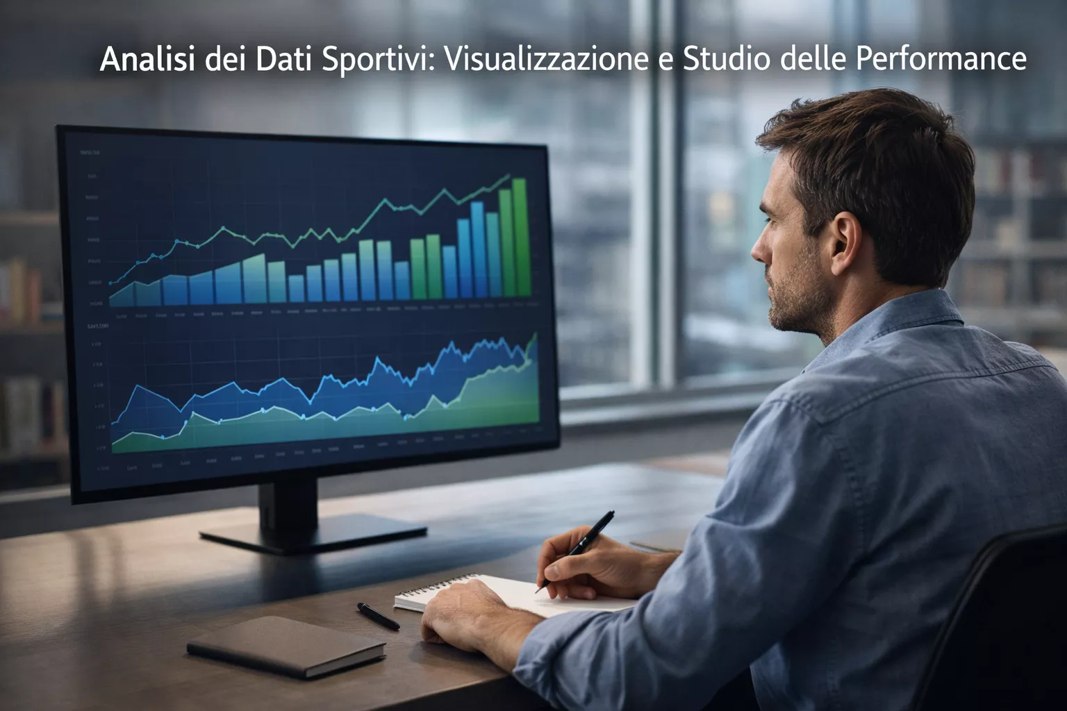 Analista che studia dati sportivi su schermo con grafici