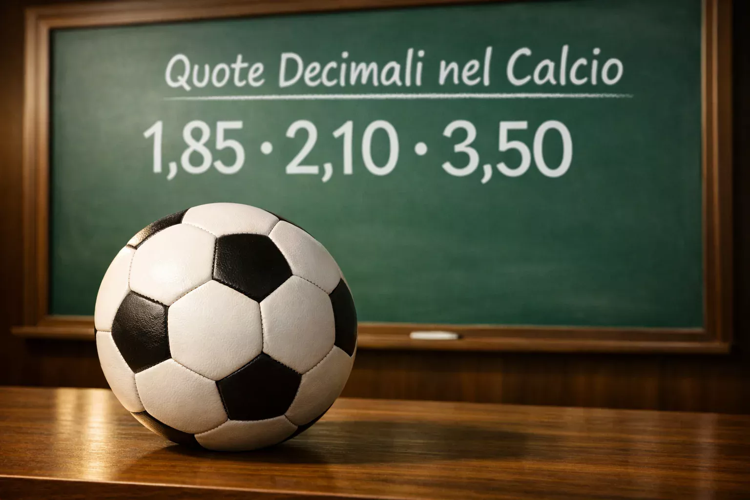 Lavagna con quote decimali e pallone da calcio in primo piano