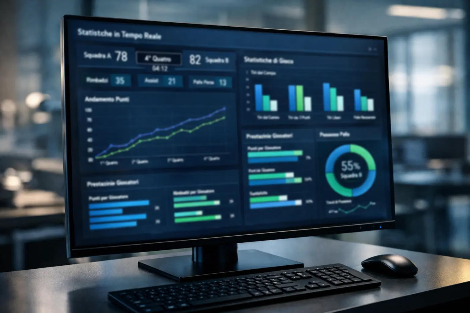Schermo con statistiche di partita in tempo reale