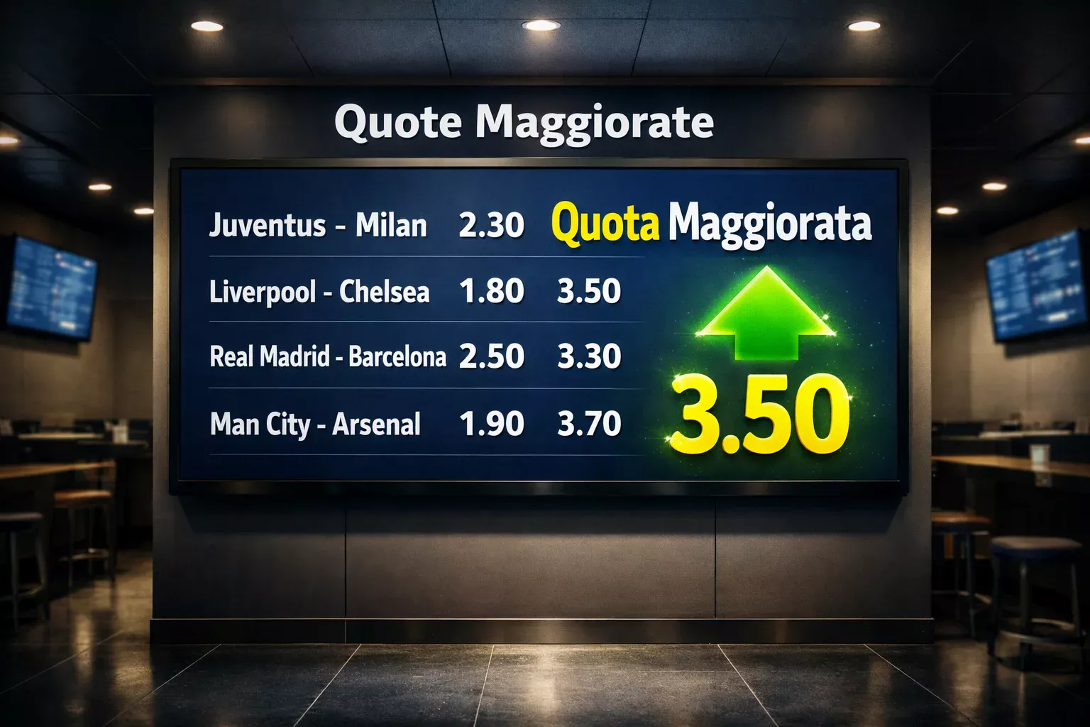 Schermo con quote calcio evidenziate e freccia verso l'alto