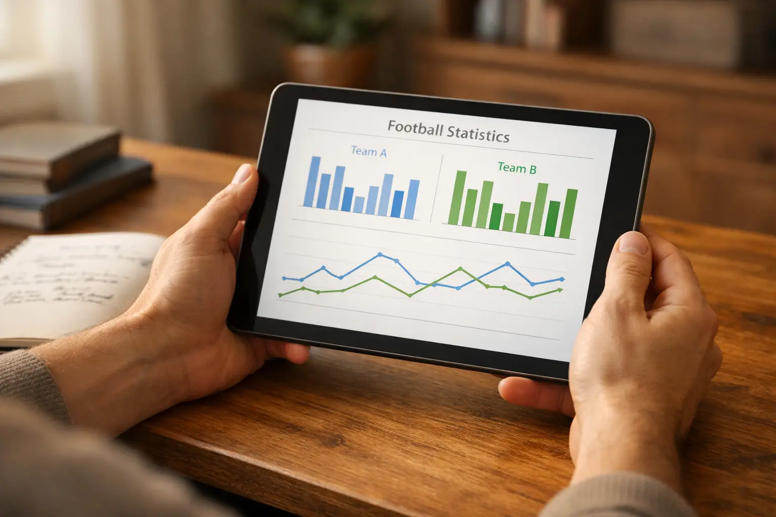 Persona che analizza statistiche di calcio su un tablet con tabelle e quote