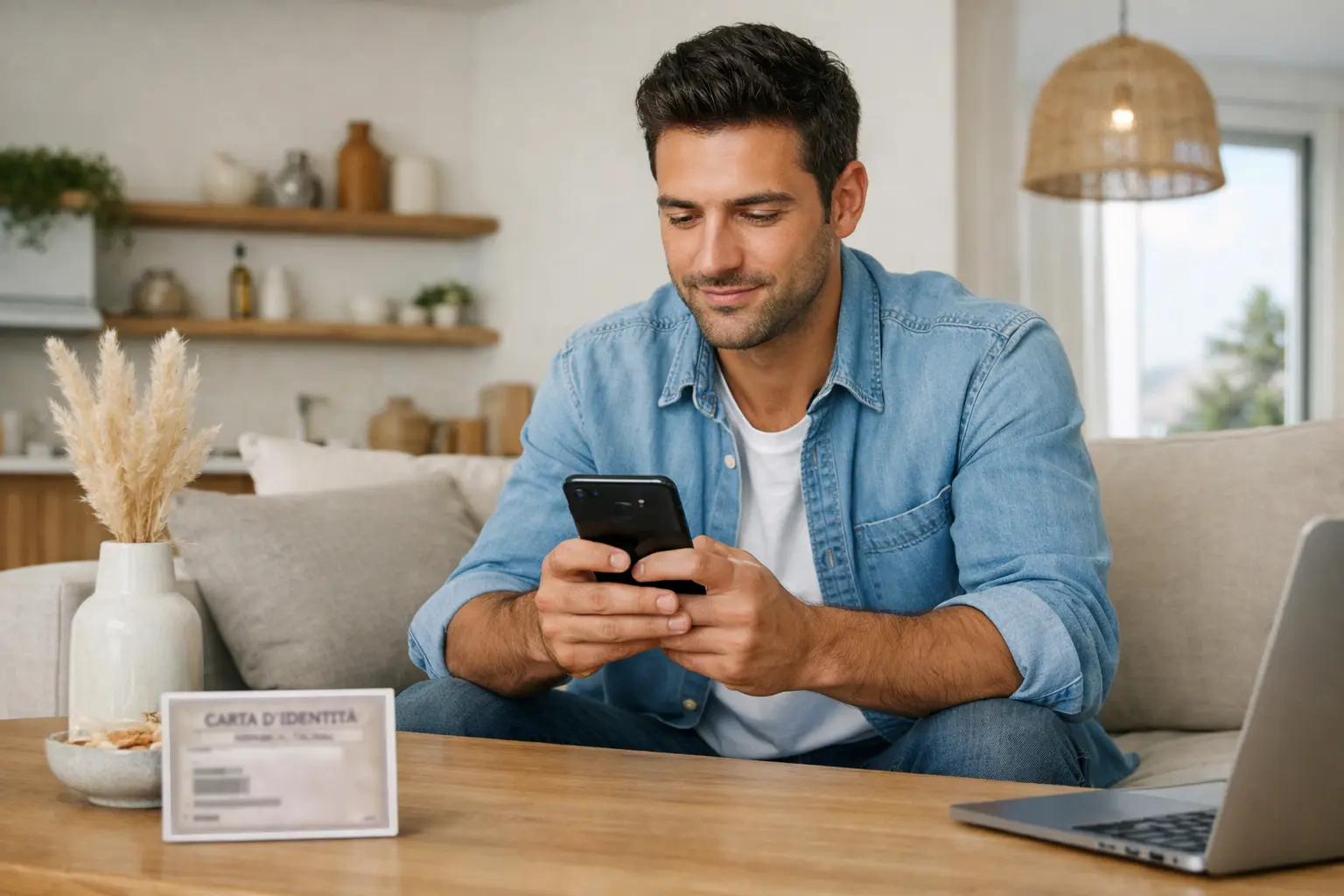 Giovane uomo che completa la registrazione online su smartphone con documento di identità