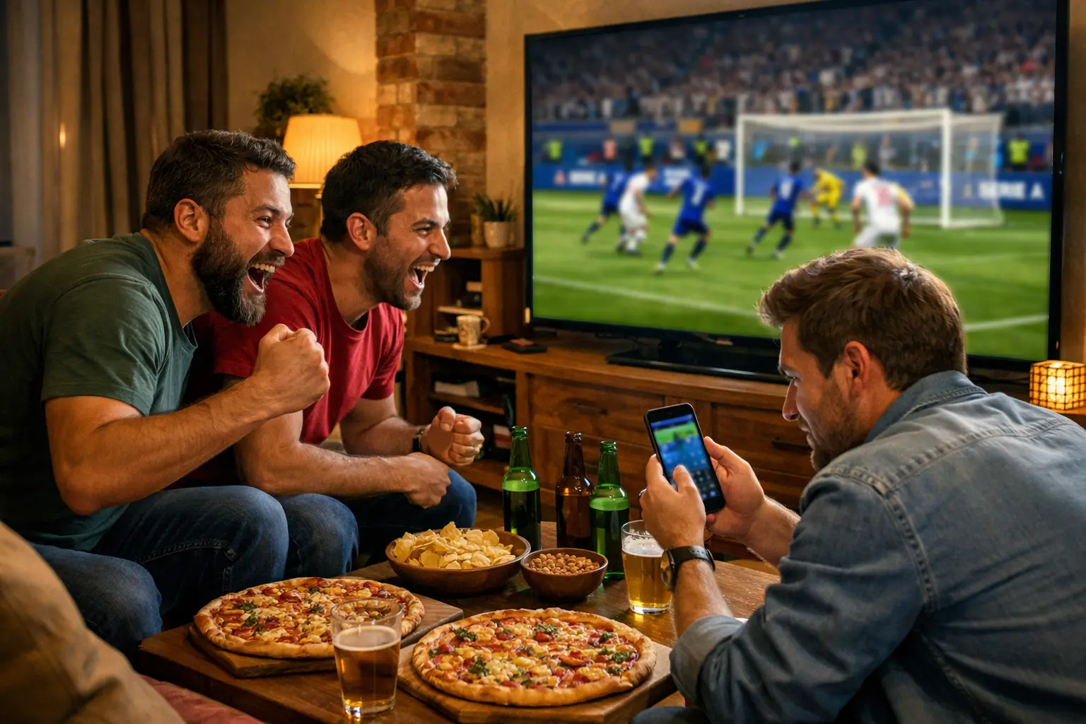 Gruppo di amici che guardano una partita di calcio in diretta su grande schermo mentre usano smartphone