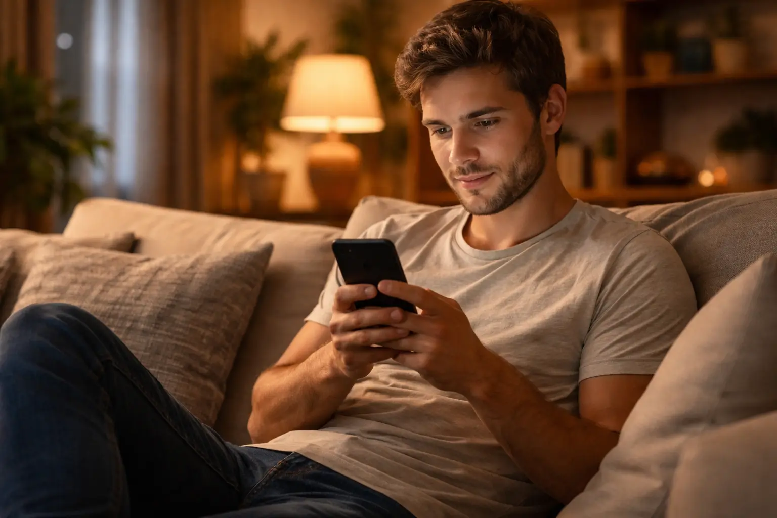 Tifoso che guarda partita su smartphone in salotto