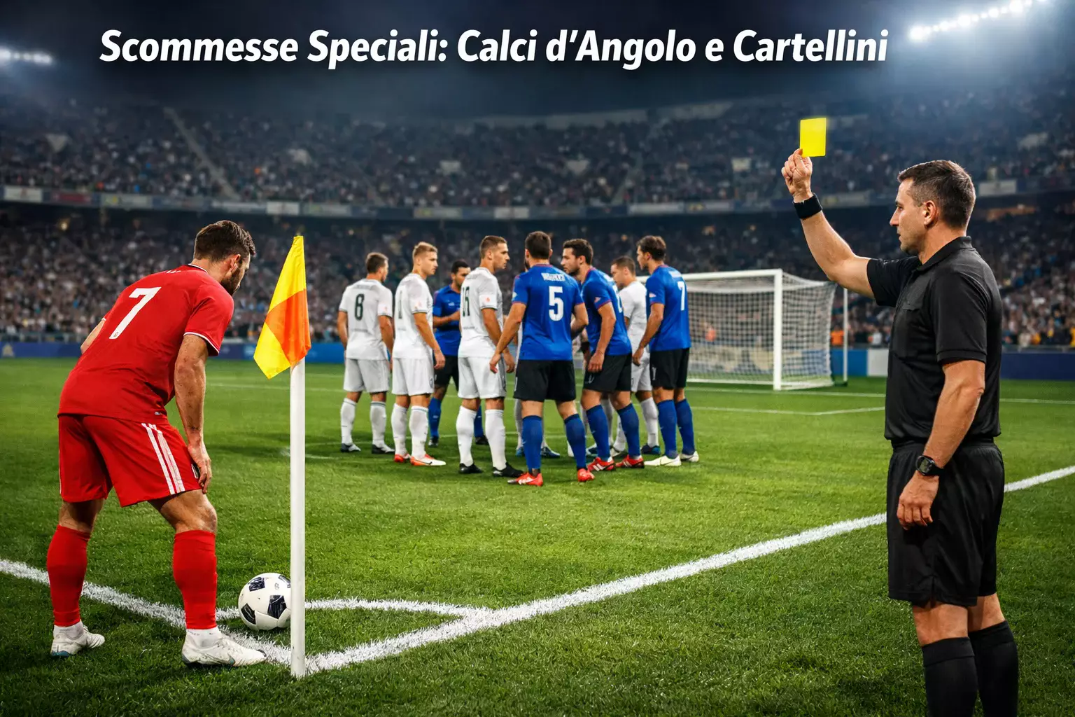 Calcio d'angolo durante una partita con arbitro che mostra cartellino
