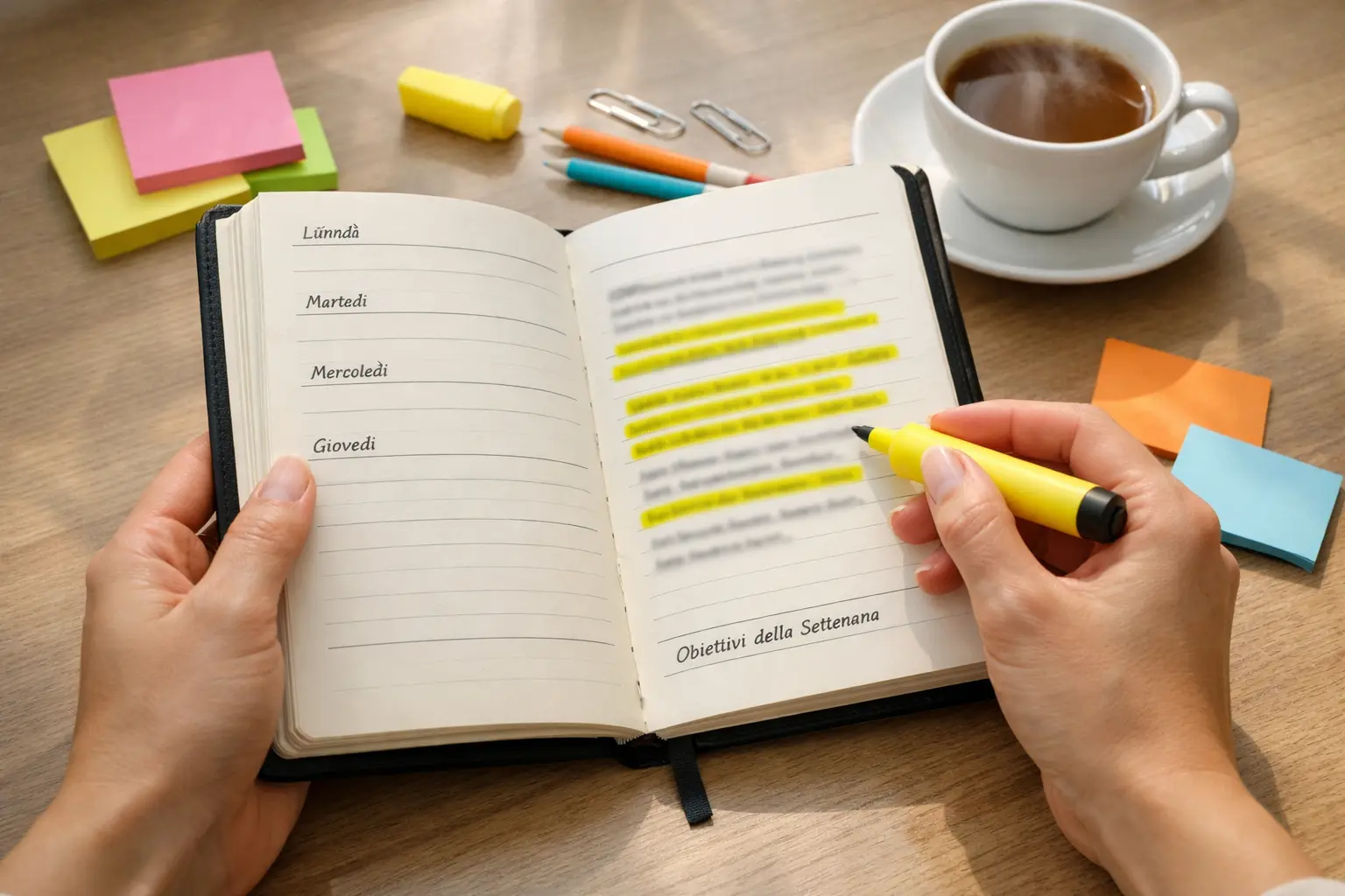 Persona che pianifica su agenda con evidenziatore