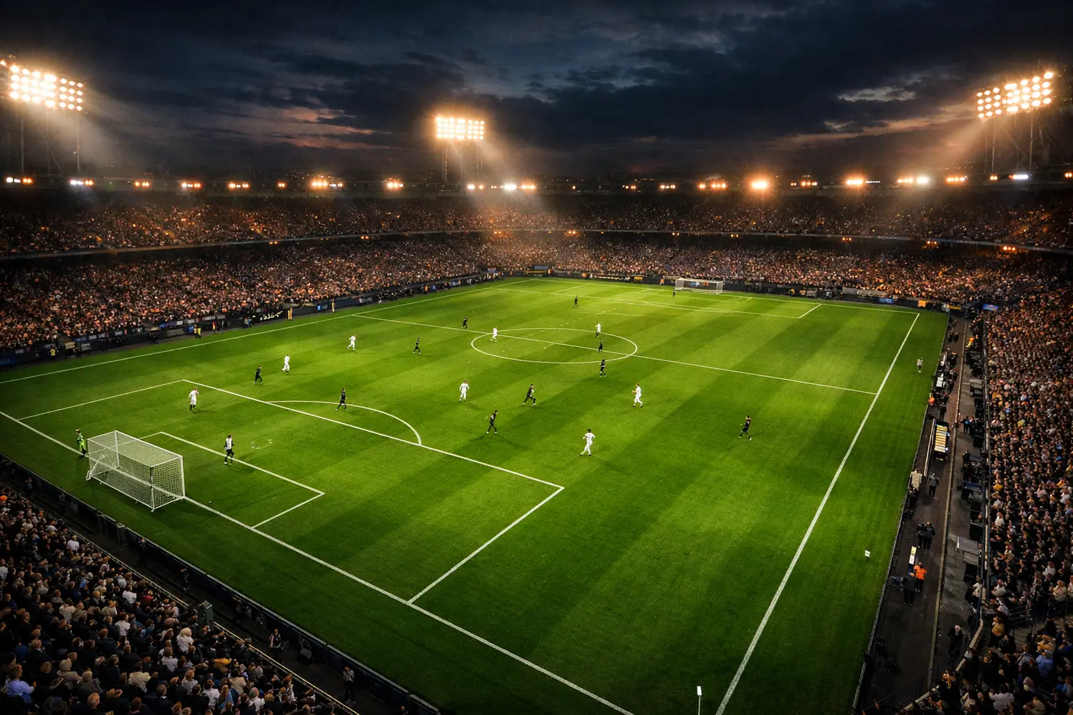 Campo da calcio con erba verde durante partita serale