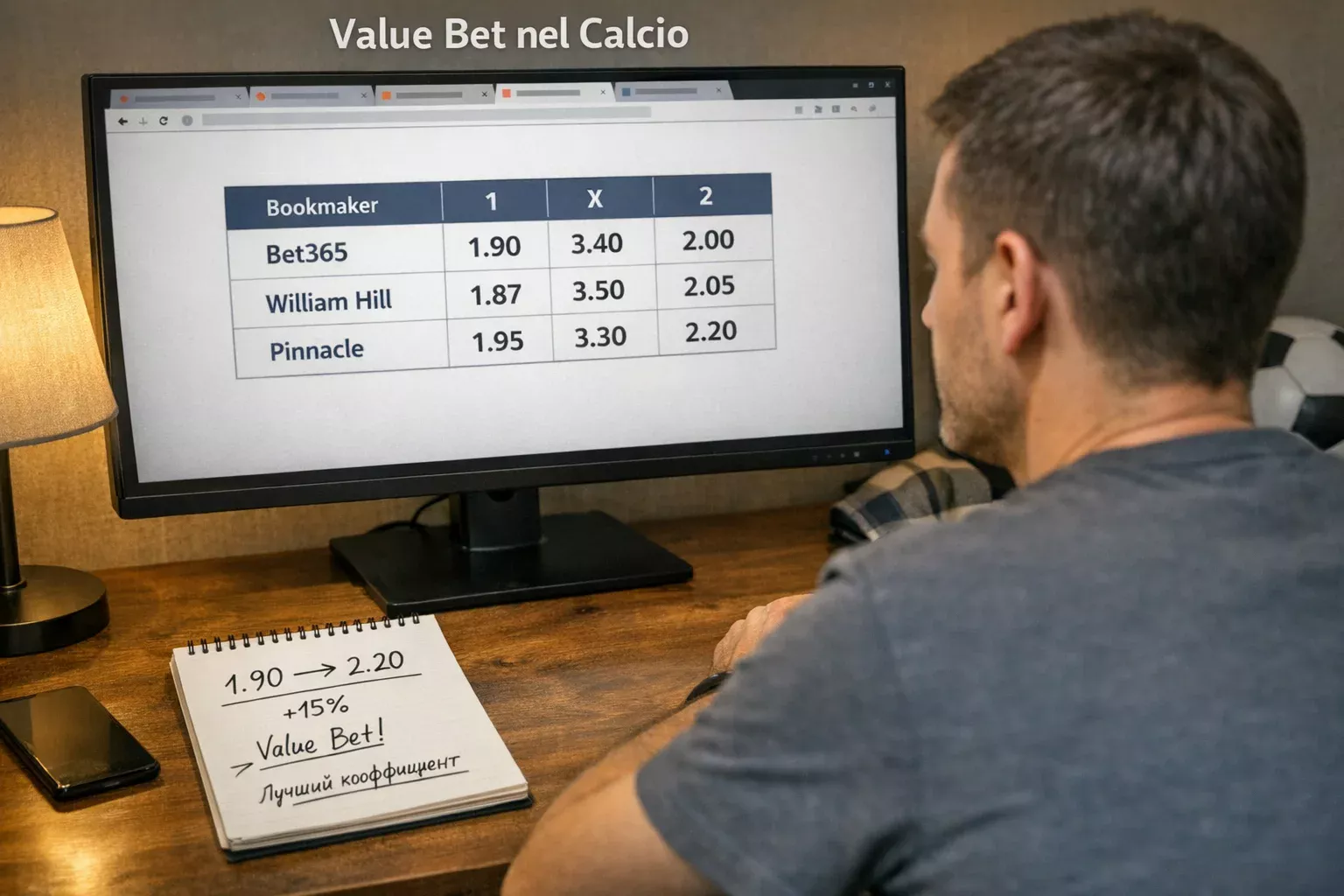 Analista che confronta quote di scommesse calcistiche su monitor