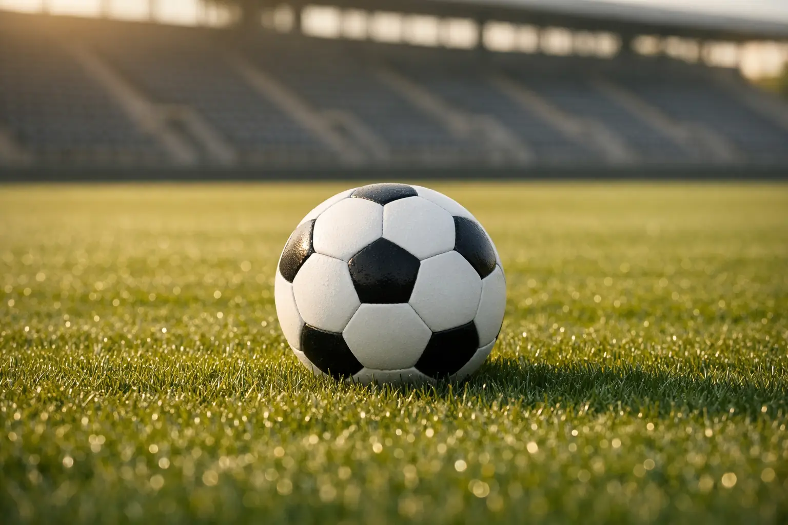 Pallone da calcio su campo in erba con sfondo stadio