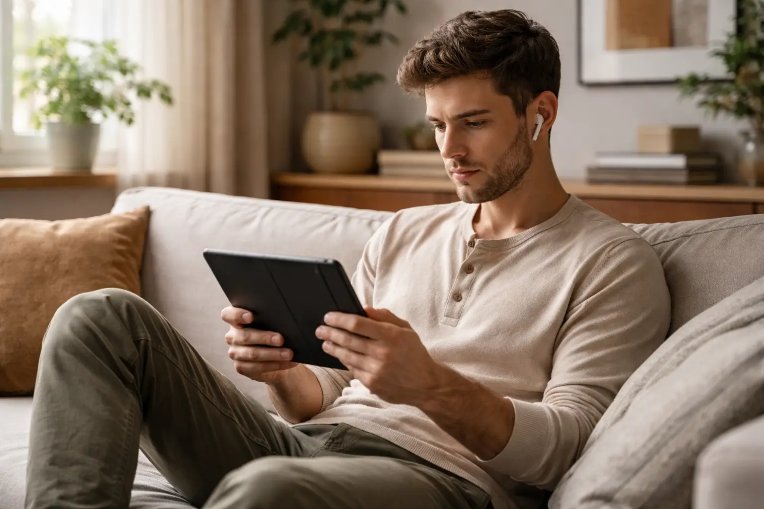 Persona concentrata che guarda partita su tablet